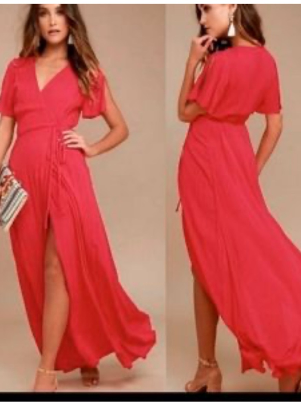 Young Fabulous & Broke Coral Wrap Maxi Dress High Slit Boho Size Small